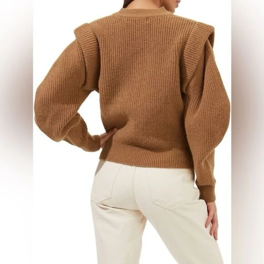Astr The Label Romina Crew Neck Ribbed Knit Baloon Sleeves Brown Camel Sz large - Picture 2 of 8